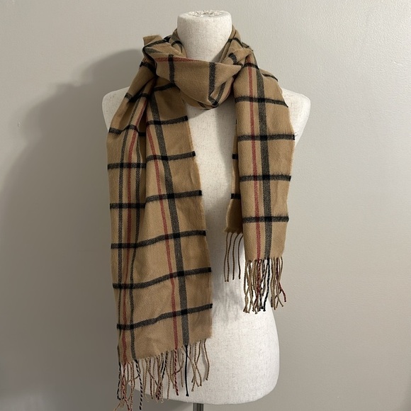 Plaid 100% Cashmere Scarf with Fringe Unisex Tan,Black,Red Quiet Luxury Preppy - Picture 3 of 7